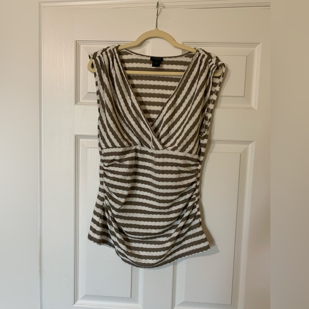 Ann Taylor Striped V-Neck Sleeveless Wrap Ruched Blouse, Gray and‎ White, Large